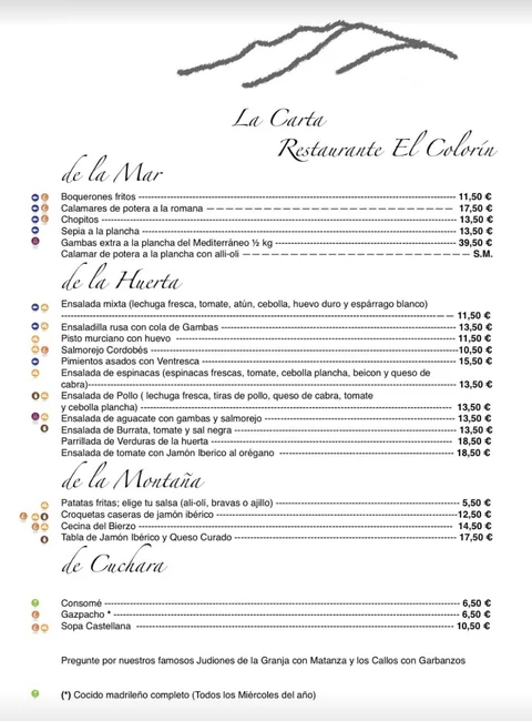 Carta del Restaurante El Colorín, página 1: Mar, huerta, montaña y cuchara