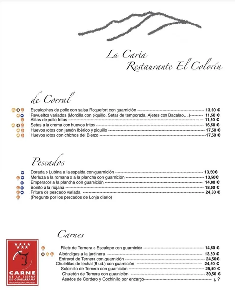 Carta del Restaurante El Colorín, página 2: Corral, pescados y carnes