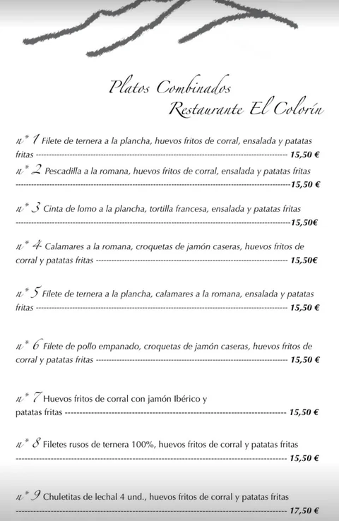 Carta del Restaurante El Colorín, página 4: Platos combinados