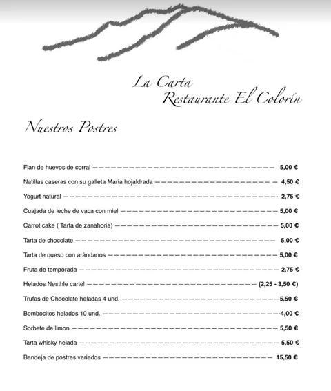 Carta del Restaurante El Colorín, página 6: Nuestros postres