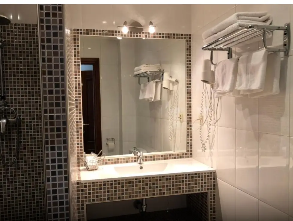 Baño privado con lavabo, espejo y toallas